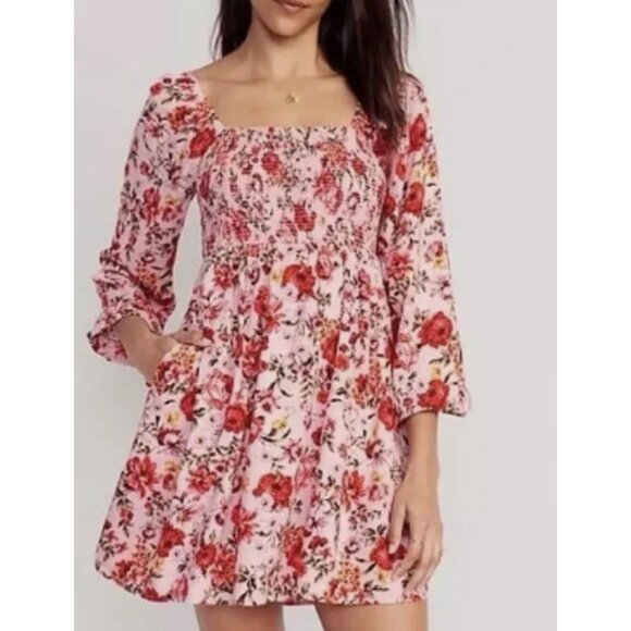 Old Navy Floral Print Long Sleeve Square Neck Smocked Mini Dress Sz S Babydoll - Picture 2 of 9